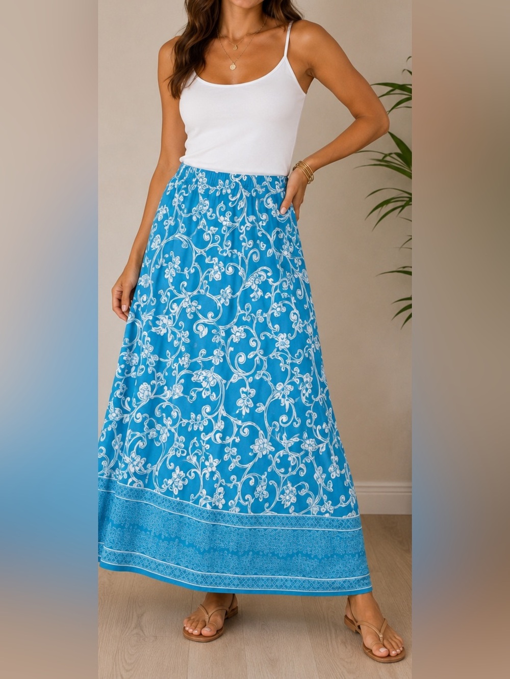 Vince Camuto Women’s XL Blue White Floral Maxi Skirt Elastic Waist NWOT